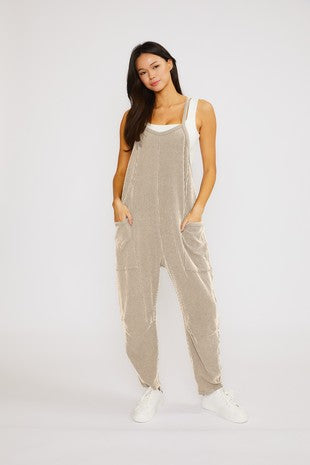 Oat Wave Ribbed Sleeveless Jumpsuit with Pockets