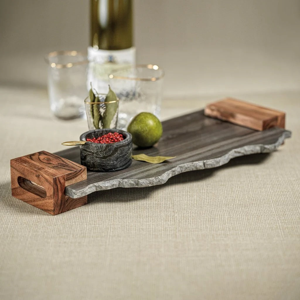 Nairobi Grey Marble Tray w/ Acacia Handles