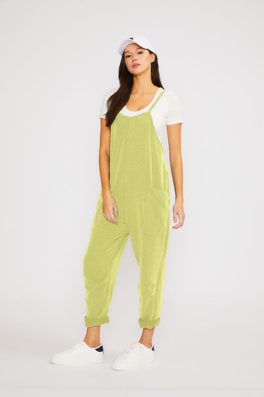 Citron Wave Ribbed Sleeveless Jumpsuit with Pockets