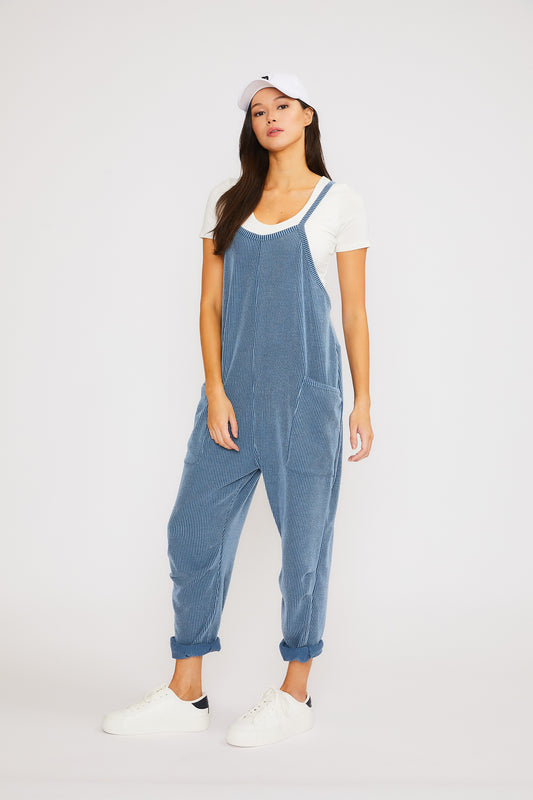 Light Denim Wave Ribbed Sleeveless Jumpsuit with Pockets