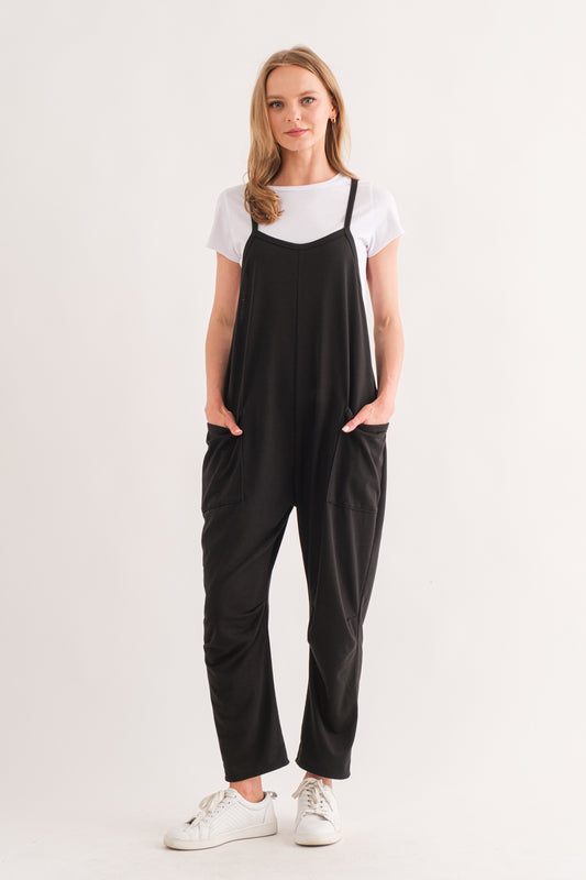Black French Terry Sleeveless Jumpsuit with Pockets