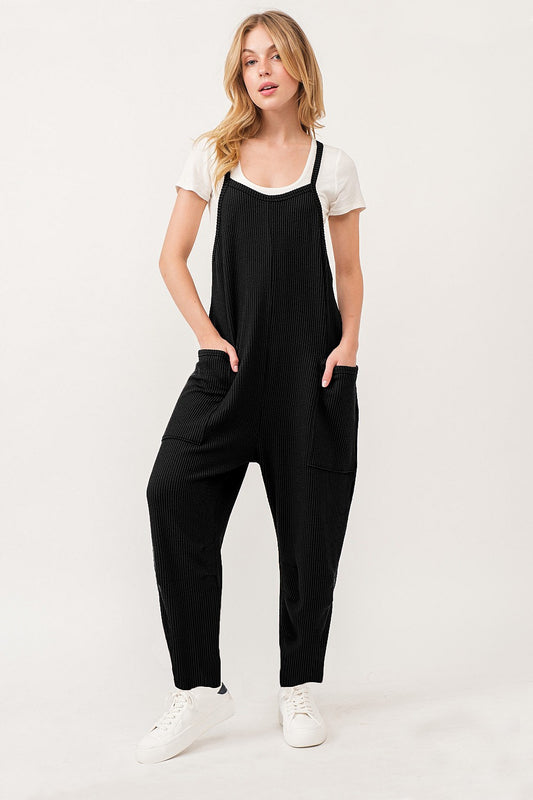 Black Wave Ribbed Sleeveless Jumpsuit with Pockets