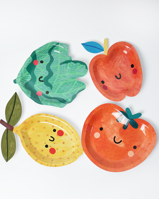 Little Chef Dessert Party Plates (x12) | Kids Cooking & Baking Birthday Party Supplies | Fruit Veggie Shaped Paper Plates