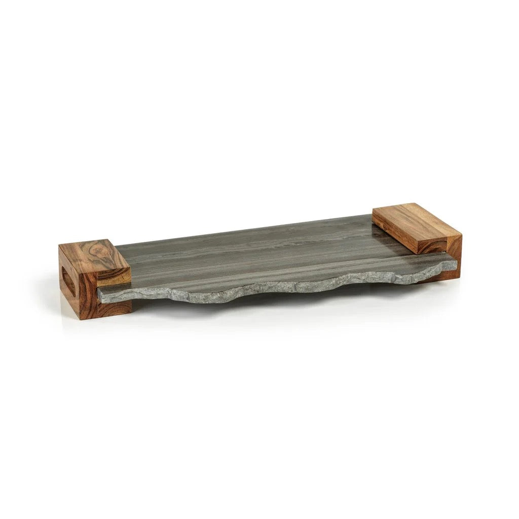 Nairobi Grey Marble Tray w/ Acacia Handles
