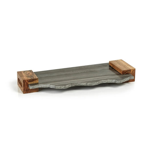 Nairobi Grey Marble Tray w/ Acacia Handles